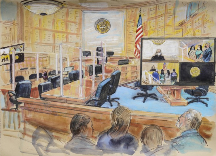 This artist's sketch depicts the court proceedings for the wife of Mexican drug kingpin Joaquin “El Chapo” Guzman, Emma Coronel Aispuro, during a court hearing at the U.S. District Courthouse in Washington on Thursday.