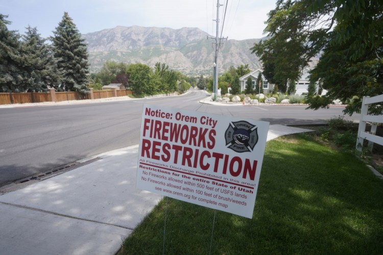 A "Orem City Fireworks Restriction" sign is shown on Tuesday in Orem, Utah.