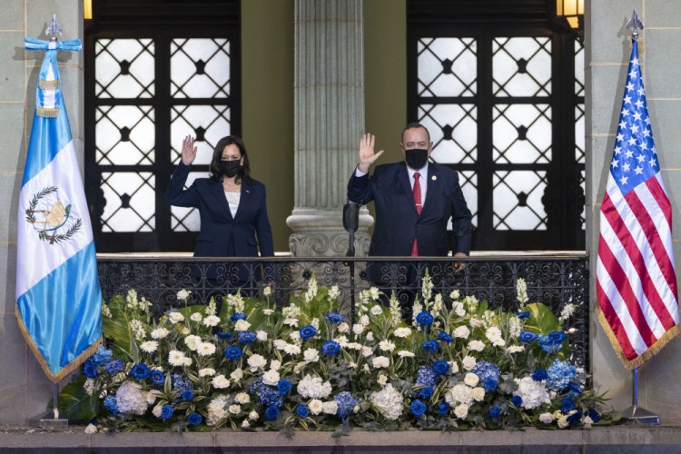 Vice President Kamala Harris and Guatemalan President Alejandro Giammattei met on Monday at the National Palace in Guatemala City. 