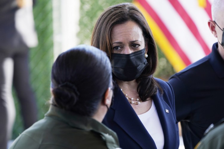 Vice President Kamala Harris talks to Gloria Chavez, Chief Patrol Agent of the El Paso Sector, as she tours the U.S. Customs and Border Protection Central Processing Center, Friday, June 25, 2021, in El Paso, Texas. 
