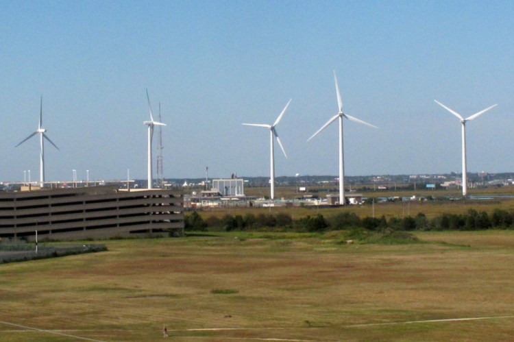 Wind turbines at the Atlantic County Utilities Authority plant in Atlantic City, N.J., shown in 2020.