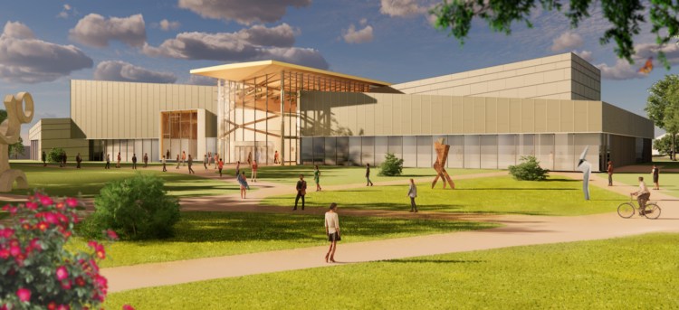 An architect's rendering of the new music school building on USM's Portland campus, as it would look from the campus green.