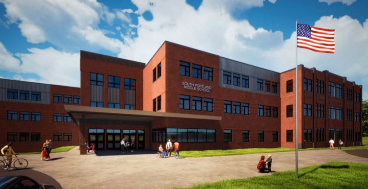 Construction has begun on a new $69.3 million middle school in South Portland, shown here in an architect's rendering. 