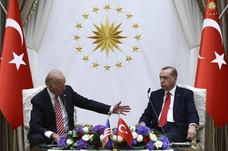 Then-Vice President Biden, left, and Turkish President Recep Tayyip Erdogan speak to the media after a meeting in Ankara, Turkey, on Aug. 24, 2016. Erdogan will meet with at least four other global leaders during the NATO summit this week.