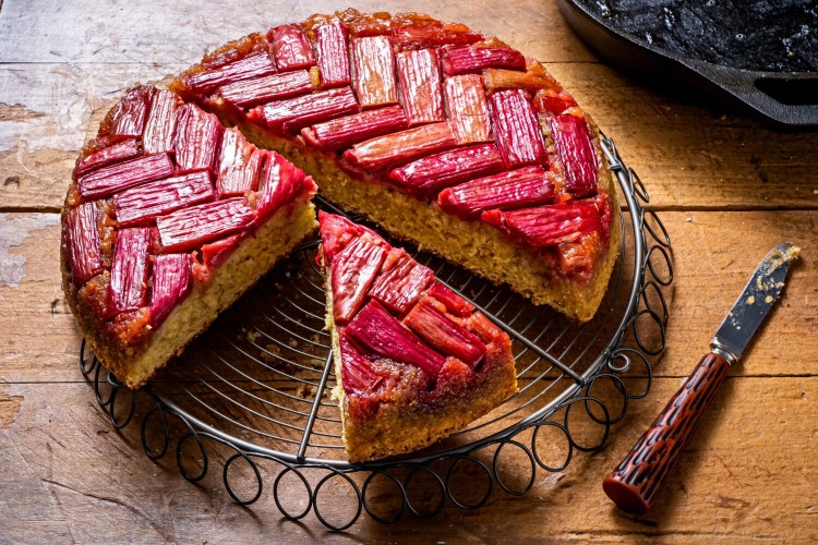 Rhubarb Upside-Down Cornmeal Cake. MUST CREDIT: Photo by Scott Suchman for The Washington Post.