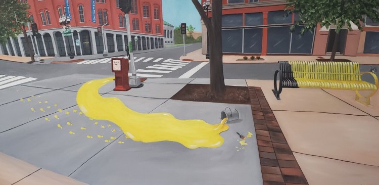 A public art installation based on this design by Lewiston artist Melanie Therrien will be painted outside Munka Coworking on Lisbon Street in Lewiston. The design will be made to look like a can of paint toppled over while a sidewalk bench was being painted. 