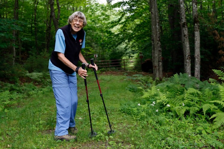 BRIDGTON, ME - JULY 8: Margaret Mathis of Bridgton has hiked all over the world, and at 93 years old, she shows no signs of stopping. She hikes every Friday year-round with a group called the Denmark Mountain Hikers, and she hikes on her own as well. (Staff photo by Ben McCanna/Staff Photographer)
