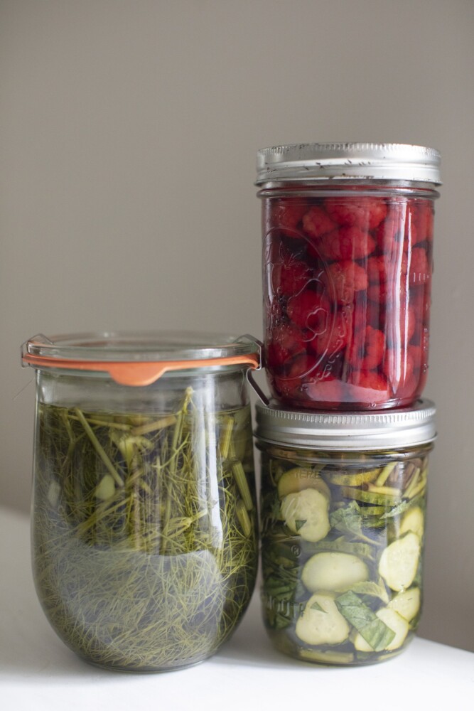 BRUNSWICK, ME - JULY 8: Vodka infused with fennel, bottom left, berries, top right, and basil with cucumber on Thursday July 8, 2021. (Staff photo by Brianna Soukup/Staff Photographer)