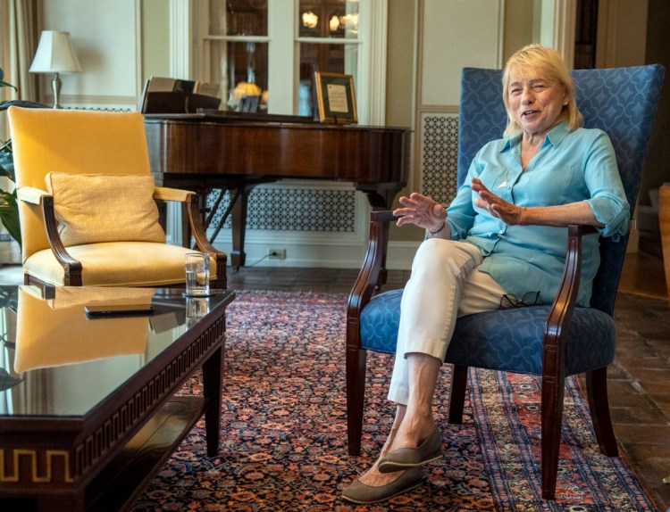 Gov. Janet Mills answers questions during an interview July 23 in The Sun Room of the Blaine House in Augusta.