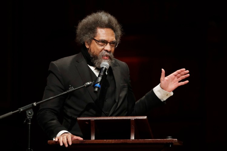 Harvard Professor Cornel West speaks during ceremonies on campus where W.E.B. Dubois Medals were awarded for contributions to black history and culture, Tuesday, Oct. 22, 2019, in Cambridge, Mass. (AP Photo/Elise Amendola)