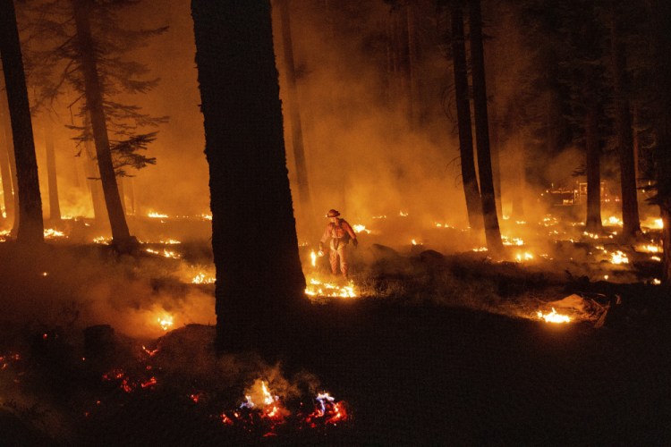 A firefighter uses a drip torch to ignite vegetation while trying to stop the Dixie Fire from spreading in Lassen National Forest, Calif., on Monday.
