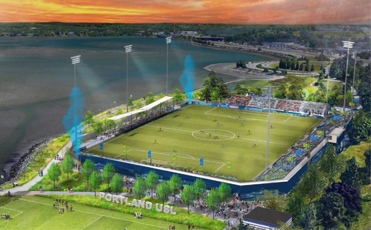A rendering of a proposed pro soccer stadium at the Preble Street Field in Portland's Back Cove. The stadium proposal, pitched by a group wanting to bring a USL League One pro soccer team to Maine, was heard Tuesday by the City Council's Housing and Economic Development Committee. 
