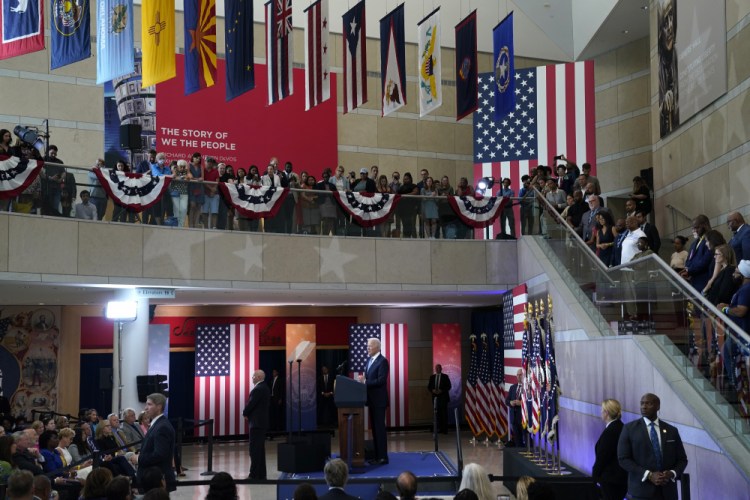 President Biden delivers a speech on voting rights at the National Constitution Center on Tuesday in Philadelphia. 