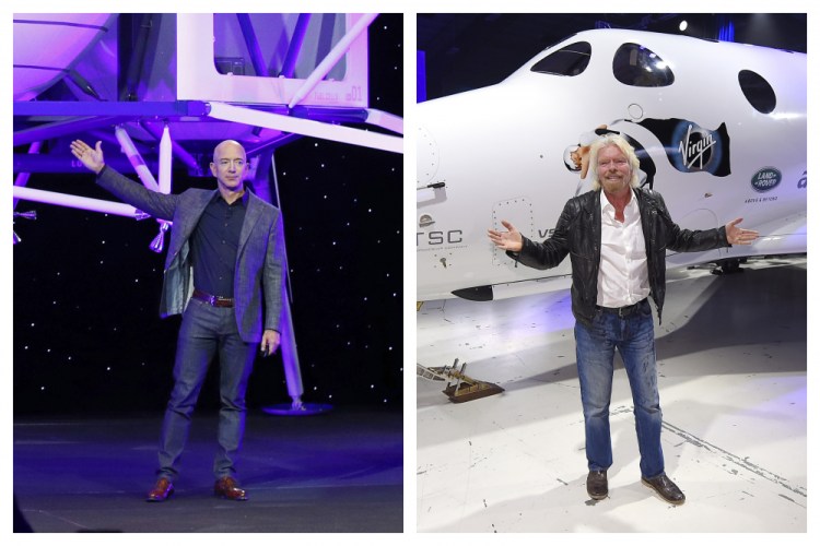 This combination of 2019 and 2016 file photos shows Jeff Bezos with a model of Blue Origin's Blue Moon lunar lander in Washington, left, and Richard Branson with Virgin Galactic's SpaceShipTwo space tourism rocket in Mojave, Calif. The two billionaires are putting everything on the line in July 2021 to ride their own rockets into space. 