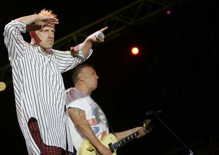 John Lydon, left, and Steve Jones of the Sex Pistols perform during the Exit music festival in Novi Sad, Serbia, on July 14, 2008. Former band members Jones and Paul Cook are suing singer Johnny Rotten for the right to use the band’s songs in an upcoming television series "Pistol" about the anarchic punk icons, based on a memoir by Jones.