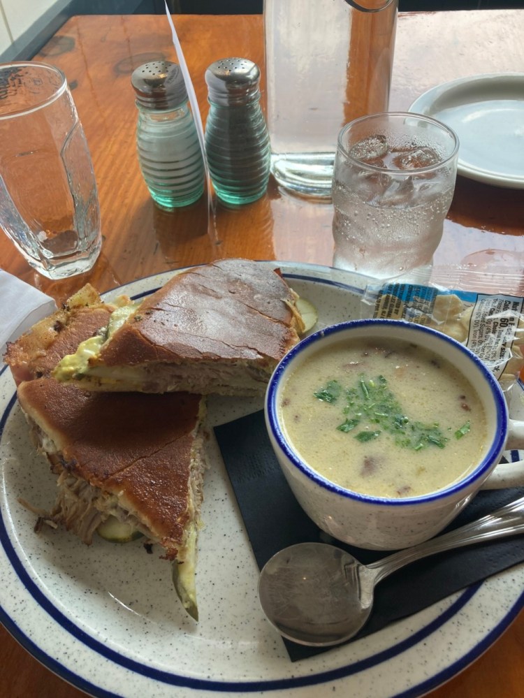 The Cubano sandwich and a cup of clam chowder at Hank's.