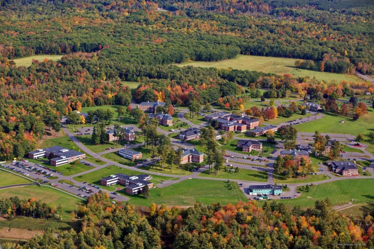 An aerial photo of Unity College's planned Technical Institute for Environmental Professions at Pineland Farms in New Gloucester. The main building for the college, to be called Freeport Hall, is in the lower left corner of the image.