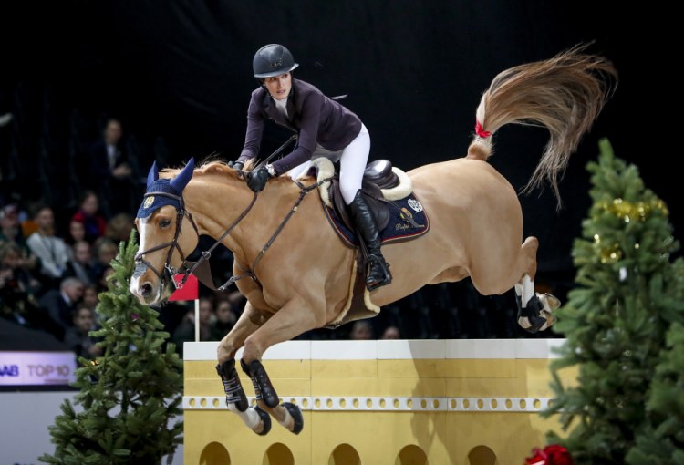 Jessica Springsteen rides Volage du Val Henry at the Sweden International Horse Show at the Friends Arena in Solna, Sweden, in this 2019, file photo. 
