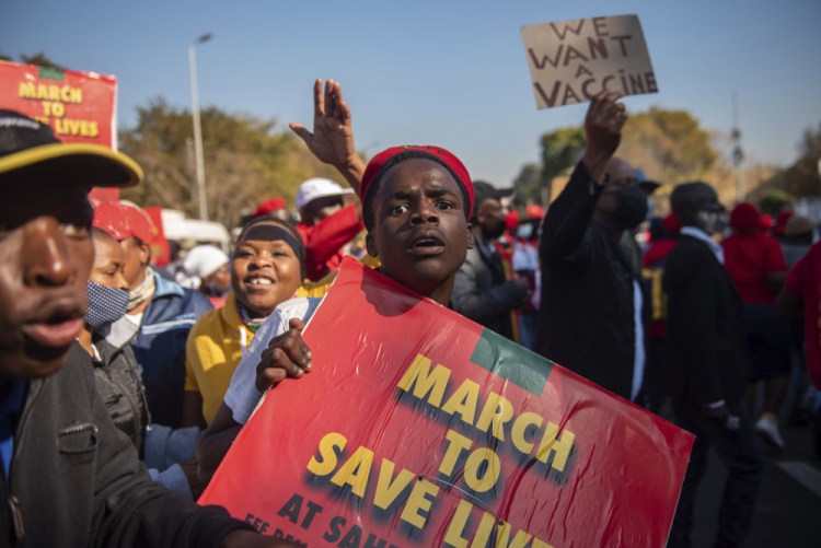 Members of the Economic Freedom Fighters stage a protest June 25 in Pretoria, South Africa, demanding that vaccines from China and Russia be included in the country's vaccine rollout program.
