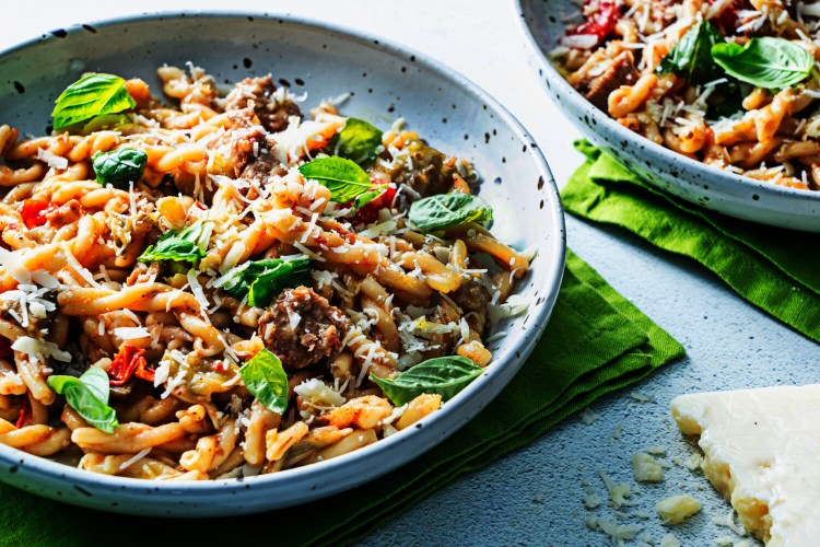 Pasta With Italian Sausage, Tomato and Eggplant. MUST CREDIT: Photo for The Washington Post by Scott Suchman