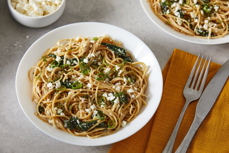 Spaghetti With Spinach, Feta and Dill. MUST CREDIT: Photo by Tom McCorkle for The Washington Post.