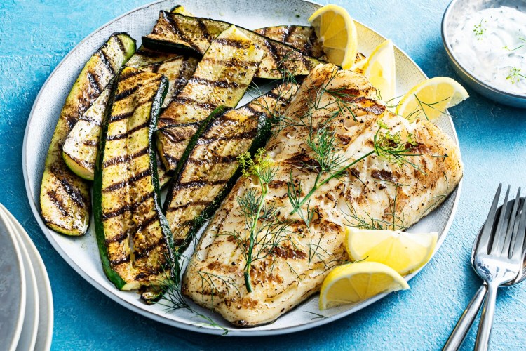 Grilled Fish With Dill Sauce and Zucchini. MUST CREDIT: Photo by Scott Suchman for The Washington Post.
