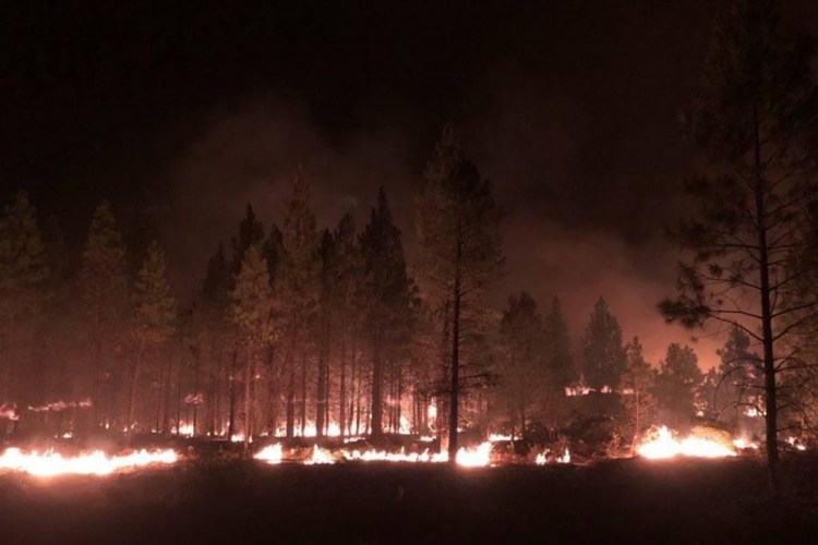 The Bootleg Fire burns at night near Highway 34 in southern Oregon on Thursday. Firefighters scrambled Friday to control a raging inferno in southeastern Oregon that's spreading miles a day in windy conditions, one of numerous wildfires across the U.S. West that is straining resources. The Bootleg Fire, the largest wildfire burning in the U.S., has torched more than 377 square miles , and crews had little control of it. 