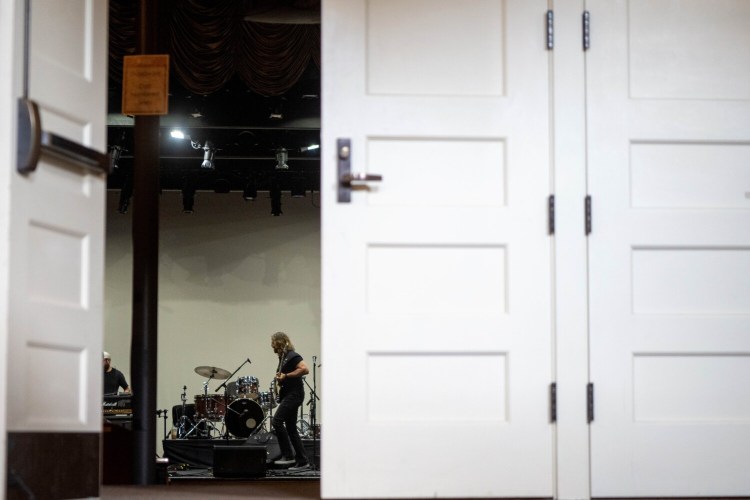 WATERVILLE, MAINE- AUGUST 27, 2021Crews set up for the Femmes of Rock at the Waterville Opera House on Friday, August 27, 2021. The Femmes of Rock were the first show to cancel at the beginning of the pandemic in 2020.  (Staff Photo by Michael G. Seamans/Staff Photographer)