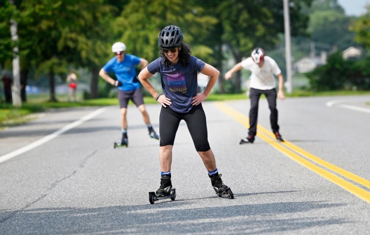 PORTLAND, ME - AUGUST 8: CeCe Camacho of Brunswick skate skies along Baxter Boulevard during the free adult Learn to Skate Ski clinic Sunday, August 8, 2021. (Staff Photo by Shawn Patrick Ouellette/Staff Photographer)
