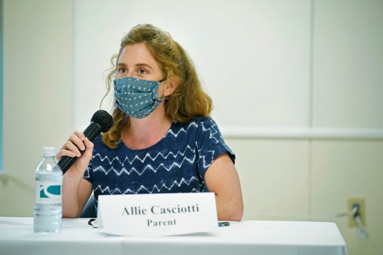 SOUTH PORTLAND, ME - AUGUST 18: Allie Casciotti of Lebanon talks about how the child tax credit helps her family during a roundtable discussion hosted by Rep. Chellie Pingree and Gov. Janet Mills in South Portland on Wednesday, August 18, 2021. (Staff photo by Gregory Rec/Staff Photographer)