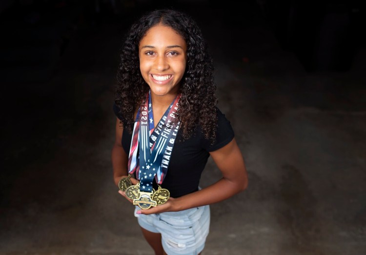 SCARBOROUGH, ME - AUGUST 19: Emerson Flaker,14, of Scarborough has set several age group state track records and won a national title this summer. (Staff photo by Derek Davis/Staff Photographer)