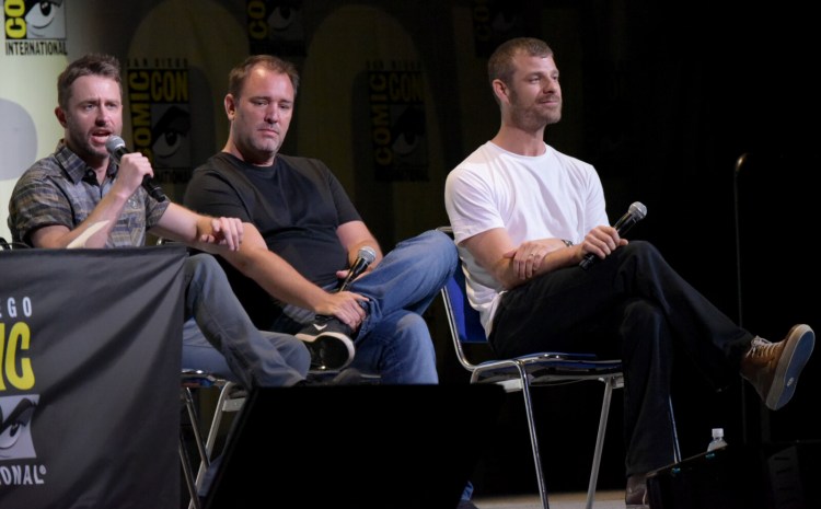 From left, Chris Hardwick, Trey Parker and Matt Stone attend the "South Park" panel at Comic-Con International in 2016 in San Diego. 