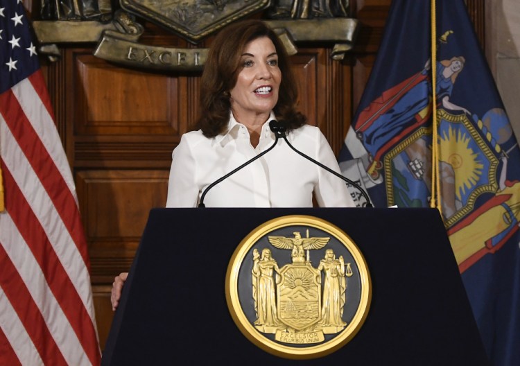 New York Gov. Kathy Hochul speaks to reporters after a ceremonial swearing-in ceremony at the state Capitol on  Tuesday in Albany.