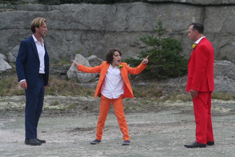 Marvin Merritt IV (from left), Quincy Lincoln and John Skocik act in "Do Not Moves Stones," presented in August at the Settlement Quarry in Stonington. Merritt, who grew up on Deer Isle, hoped to begin his acting career in New York, Los Angeles or Berlin, but the pandemic brought him and his art back to Maine.