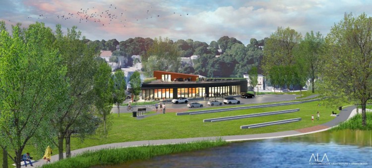 A rendering depicts the "eatertainment center" proposed by developers Treadstone LLC for Auburn's Anniversary Park. The building would feature a glass facade, two eateries and rooftop dining.
