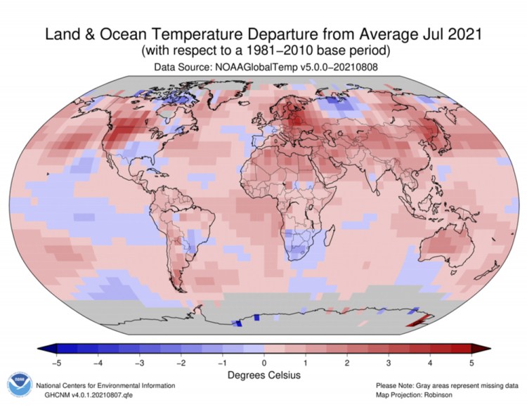 This image made available by the National Oceanic and Atmospheric Administration shows temperature differences from average values in July 2021 around the world.  