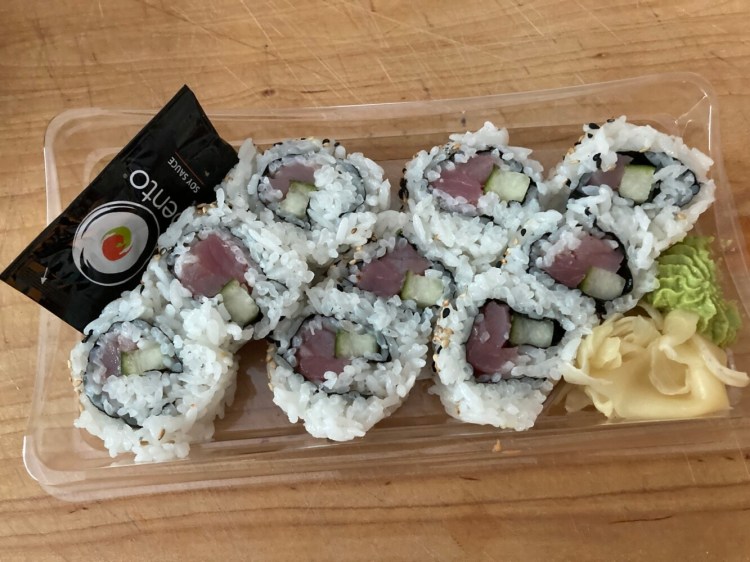 A tuna roll, made to order at the Bento Sushi counter in the Mill Creek Hannaford in South Portland.