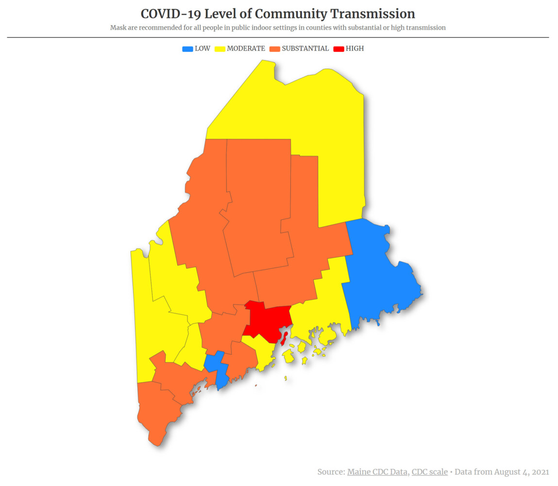 Central, western Maine counties surrounded by areas of high COVID-19  transmission