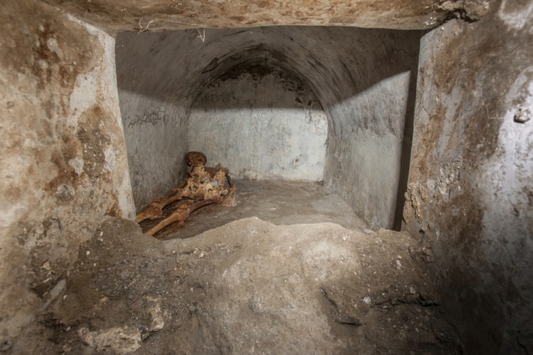 This is a view of a recently discovered tomb located in the necropolis of Porta Sarno, in an area not yet open to the public in the east of Pompeii’s urban center. Archaeologists in the ancient city of Pompeii have discovered a remarkably well-preserved skeleton during excavations that also shed light on the cultural life of the city before it was destroyed by a volcanic eruption in AD 79. The discovery is unusual since most adults were cremated at the time. 