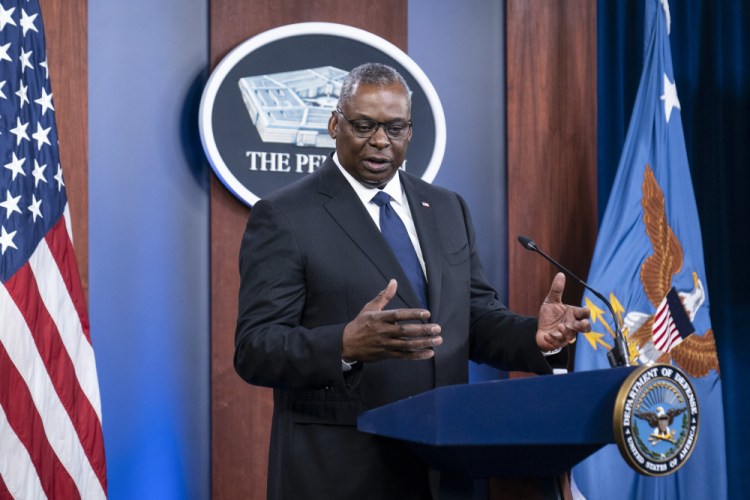 Secretary of Defense Lloyd Austin speaks during a media briefing at the Pentagon on  Wednesday in Washington. 