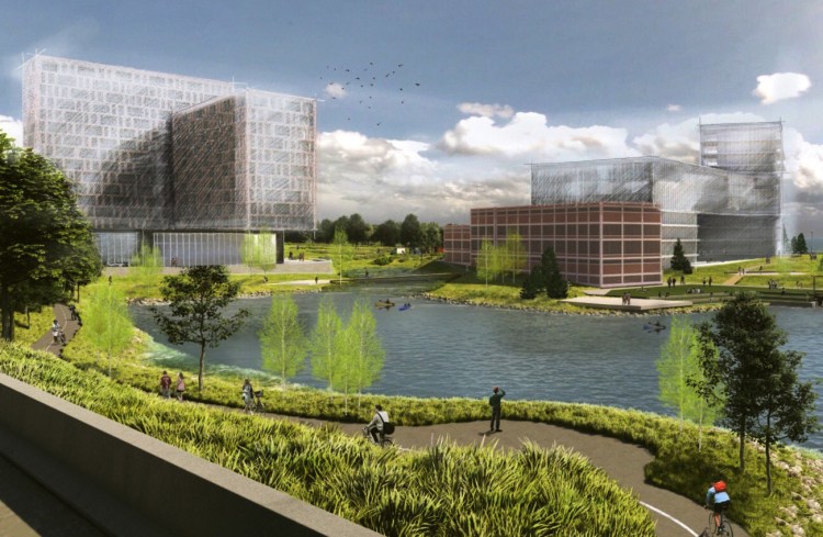 This conceptual rendering of the planned Roux Institute campus on the B&M Beans site in Portland shows the B&M building in foreground with the Roux Institute facility behind it, housing with underground parking to the left, along with a restored coastline, public spaces and a new bike trail. 