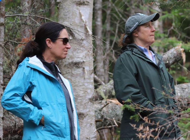 Patty Cormier, right, director of the Maine Forest Service, and Amanda Beal, commissioner of the Maine Department of Agriculture, Conservation and Forestry, out in the woods during an event.