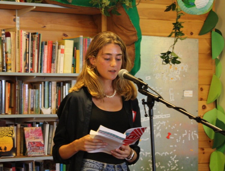 Recent Falmouth High grad Sofie Matson reads an excerpt from her novel, "Amateurity," at The Telling Room on Thursday.
