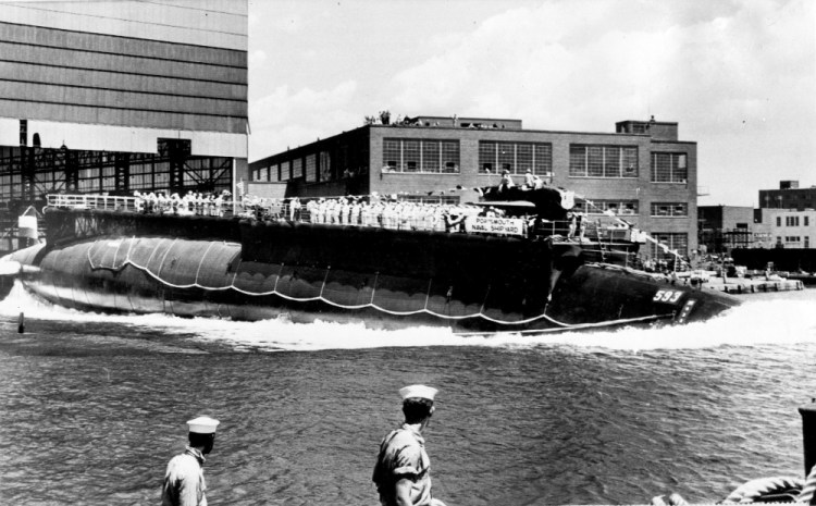 The 278-foot-long nuclear powered attack submarine USS Thresher, a first in its class boat, is launched bow-first at the Portsmouth Navy Yard in Kittery on July 9, 1960. The USS Thresher sank on April 10, 1963, killing all 129 crew on board, during an Atlantic Ocean test dive about 220 miles off the Massachusetts' coast. 