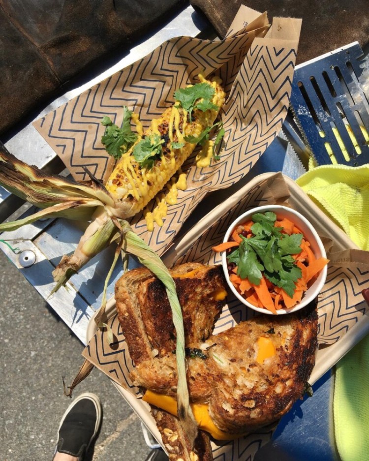 Grilled masala street corn and a vegan grilled cheese sandwich from The Greenhouse by SAO food cart, which sets up in and around Cornish. 