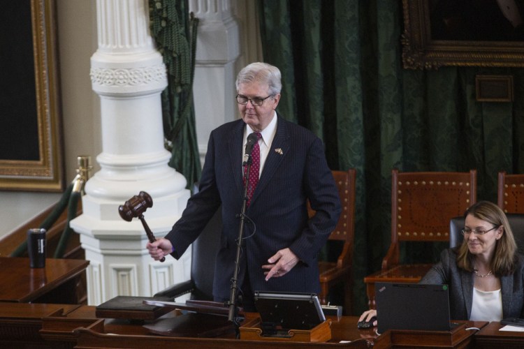 Texas Lt. Gov. Dan Patrick gavels in the Senate to begin the session as lawmakers debate the GOP voting and elections bill at the Capitol in Austin, Texas on Tuesday, Aug. 31, 2021. (Mikala Compton/Austin American-Statesman via AP)