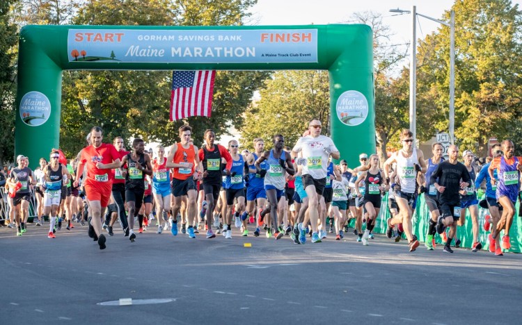 Runners leave the starting line at the 2019 Gorham Savings Bank Maine Marathon, Half Marathon and Marathon Relay. The races were held only virtually last fall, because of the coronavirus pandemic.