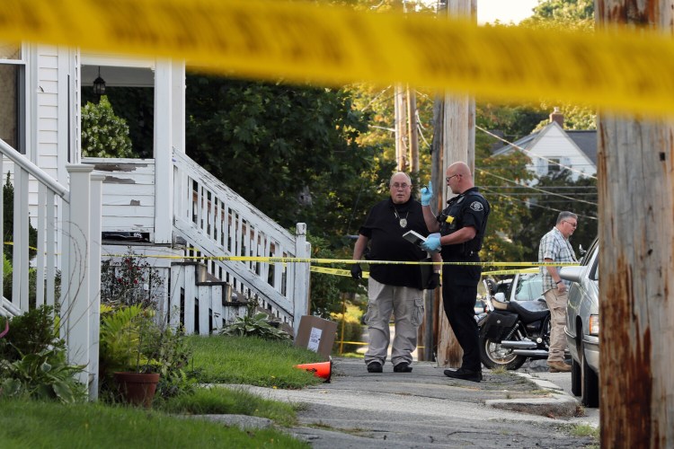 BIDDEFORD, ME - SEPTEMBER 14: Police investigate fatal shooting on Union Street in Biiddeford. (Staff photo by Ben McCanna/Staff Photographer)
