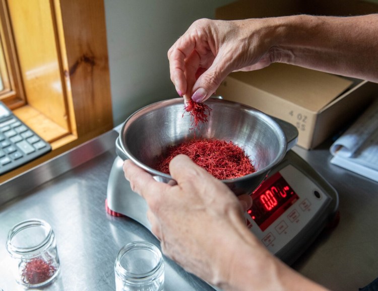 Christine Pistole, owner of Gryffon Ridge Spice Merchants, weighs out persian saffron on Wednesday and packages it in her home-based business in Litchfield.