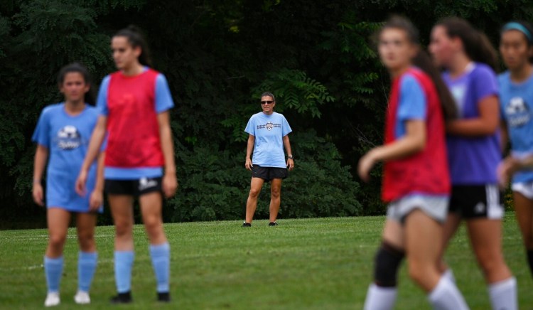 WINDHAM, ME - SEPTEMBER 1: Windham coach Deb LeBel watches the action during soccer practice Wednesday, September 1, 2021. (Staff Photo by Shawn Patrick Ouellette/Staff Photographer)